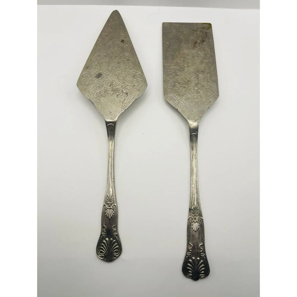 Vintage Silverplate Cake & Pie Server Set Ornate Engraved Floral